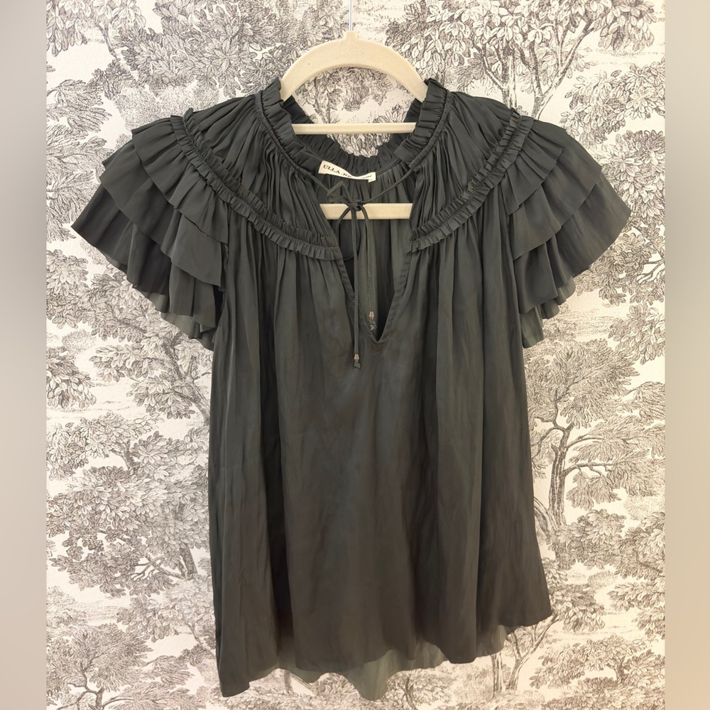 Ulla Johnson Liv Pleated Silk Tiered-Sleeve Top Shirt Green Olive Size 0